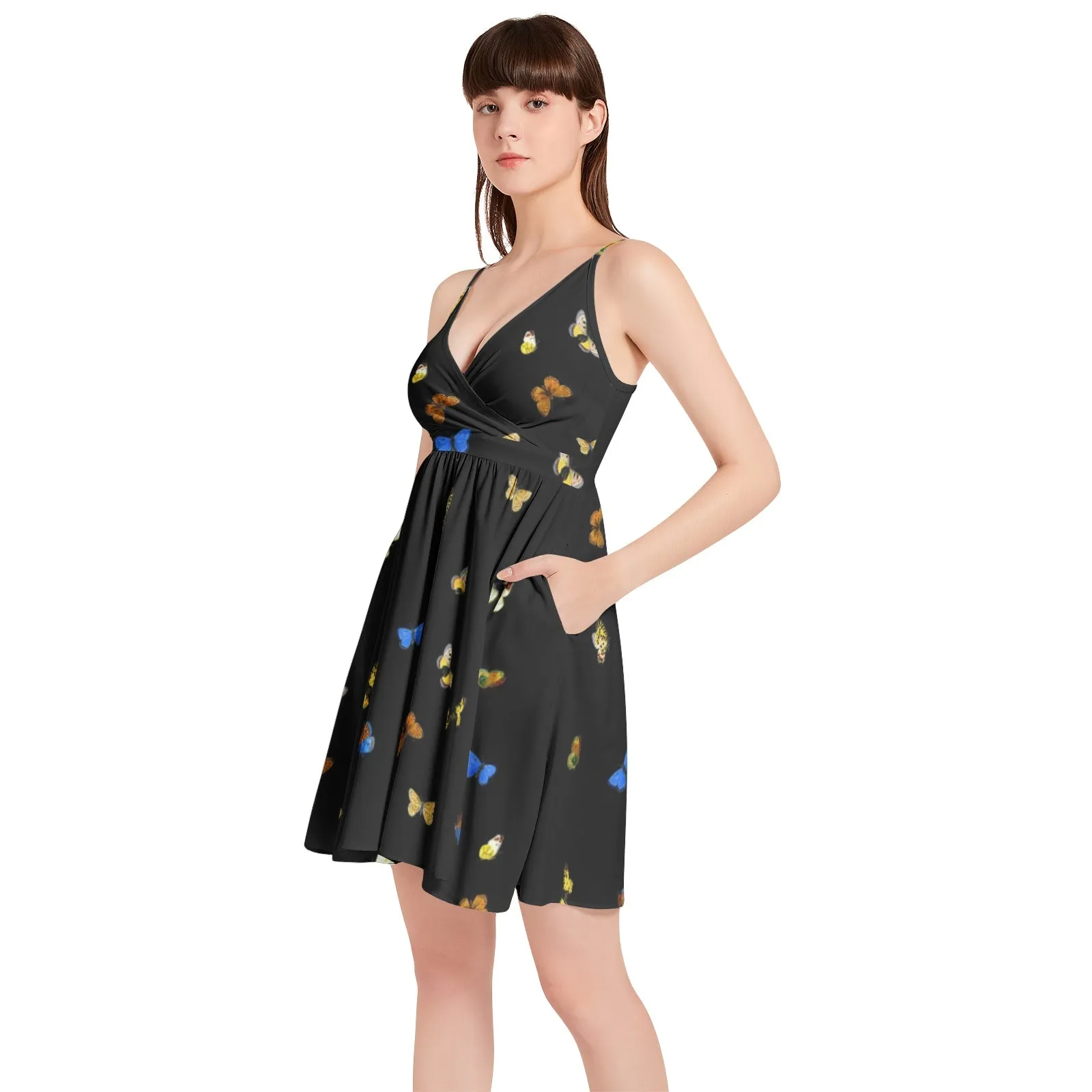 Butterfly Medley Spaghetti Strap Sleeveless Falred Hem Short Dress