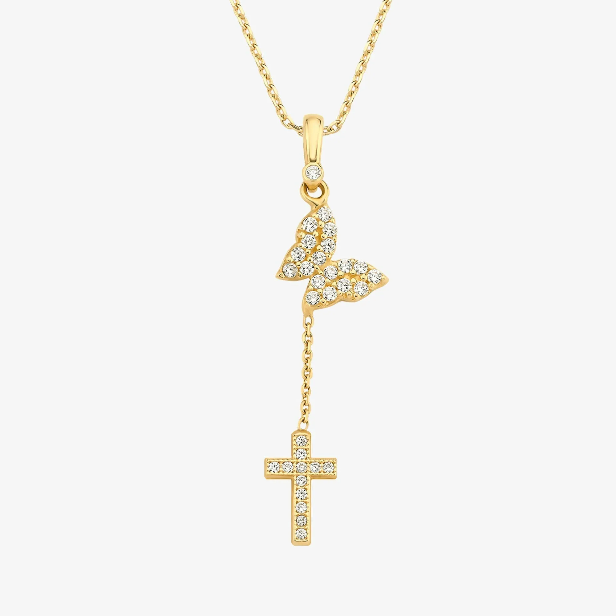 Butterfly with Cross Necklace | 14K Solid Gold