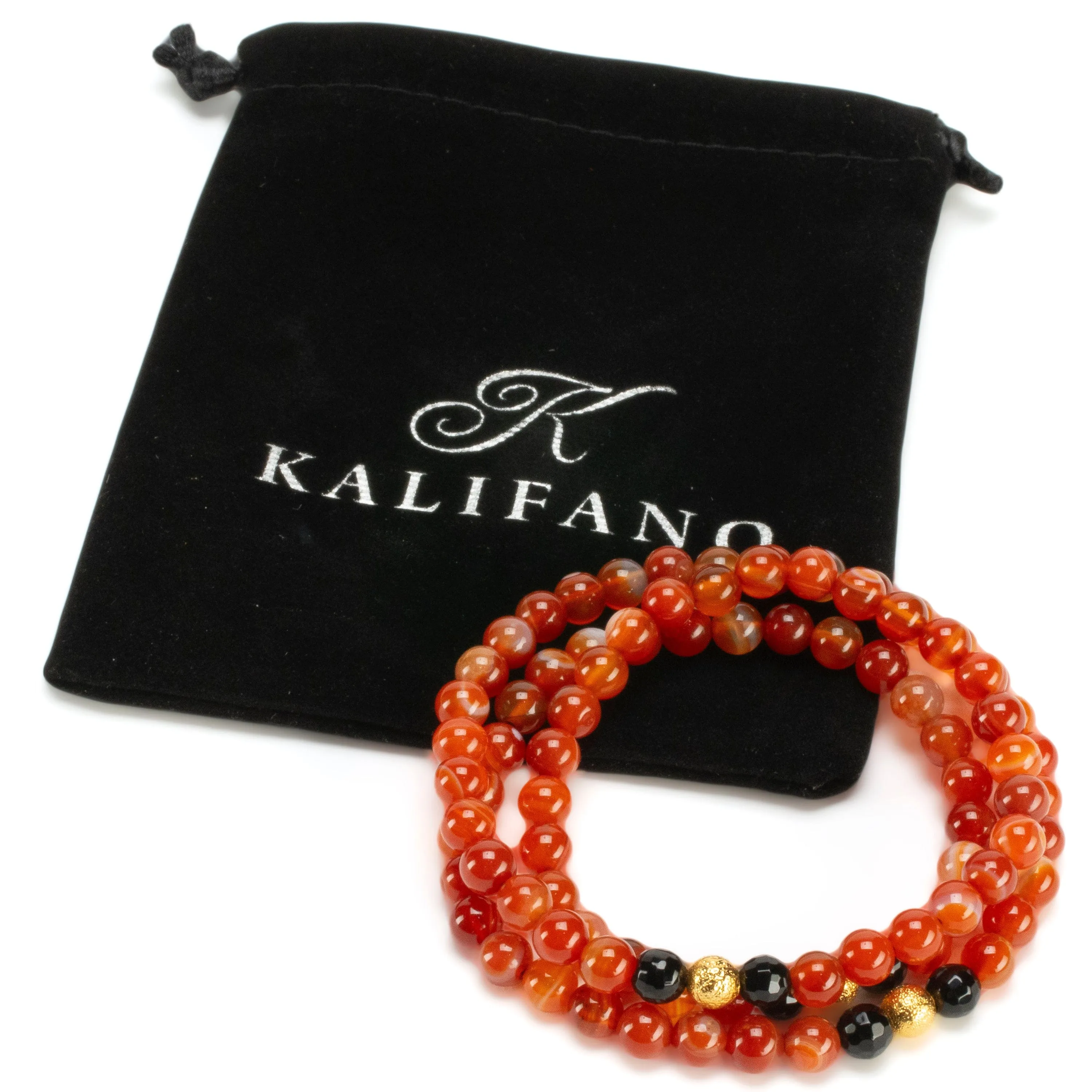 Carnelian 6mm Beads with Black Agate & Gold Accent Beads Triple Wrap Gemstone Elastic Bracelet