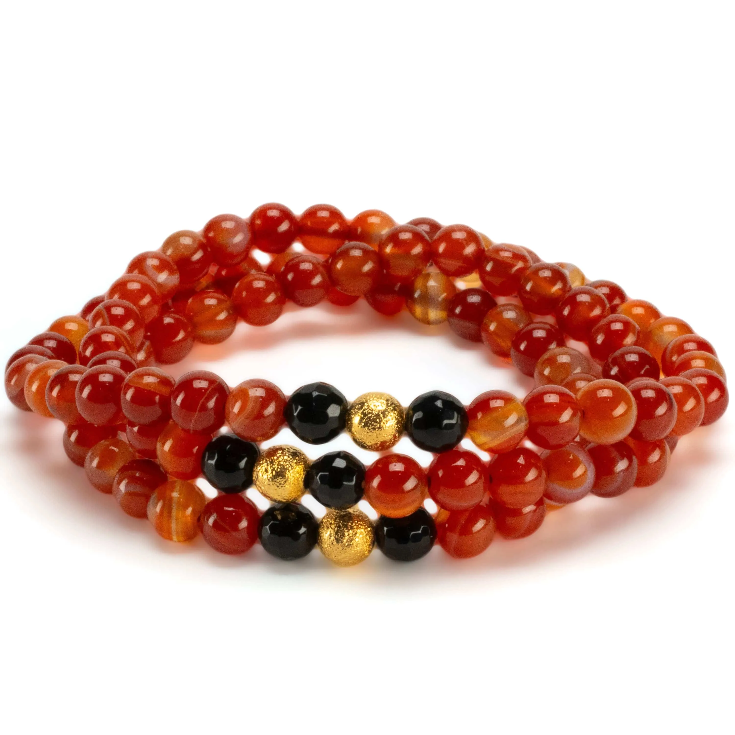 Carnelian 6mm Beads with Black Agate & Gold Accent Beads Triple Wrap Gemstone Elastic Bracelet