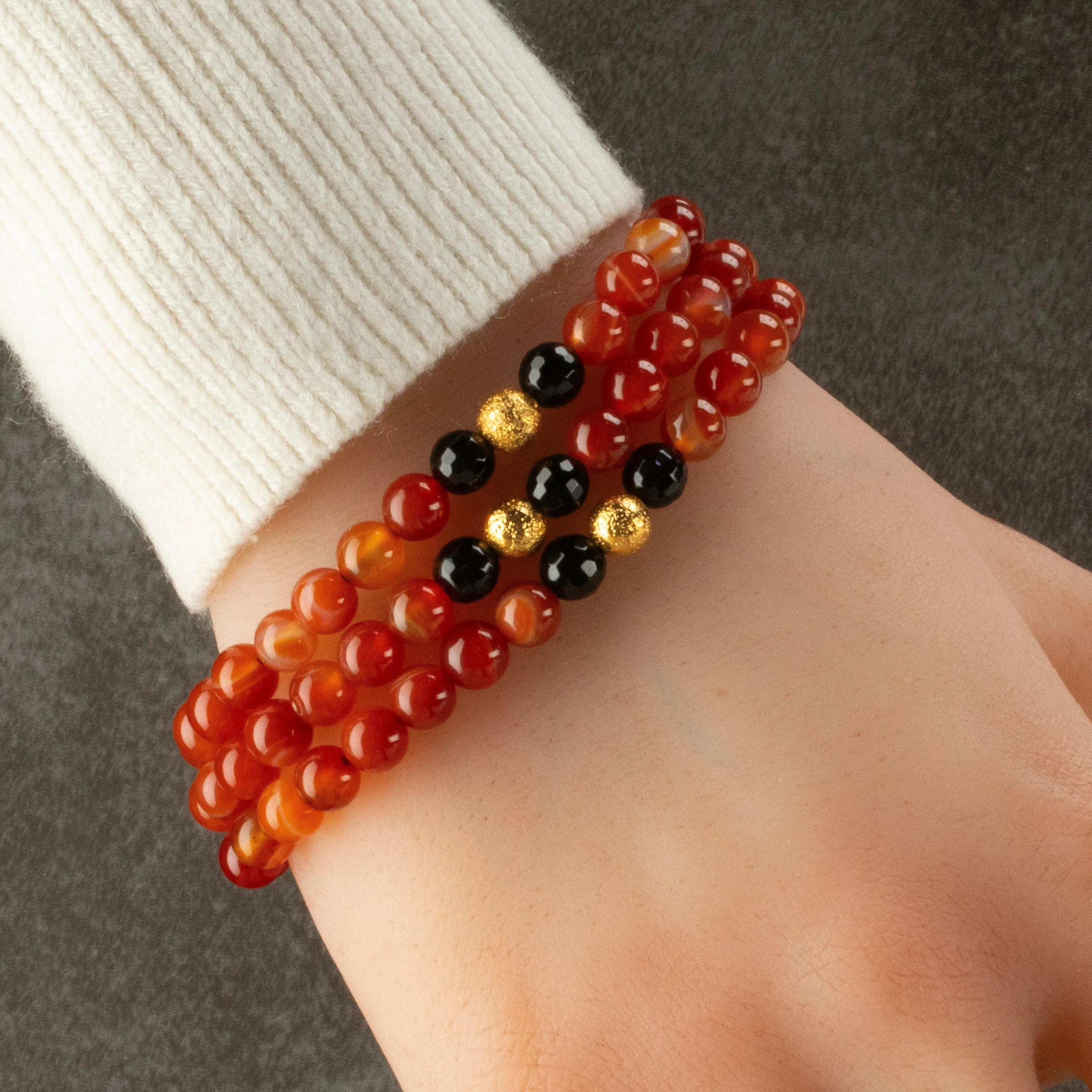 Carnelian 6mm Beads with Black Agate & Gold Accent Beads Triple Wrap Gemstone Elastic Bracelet