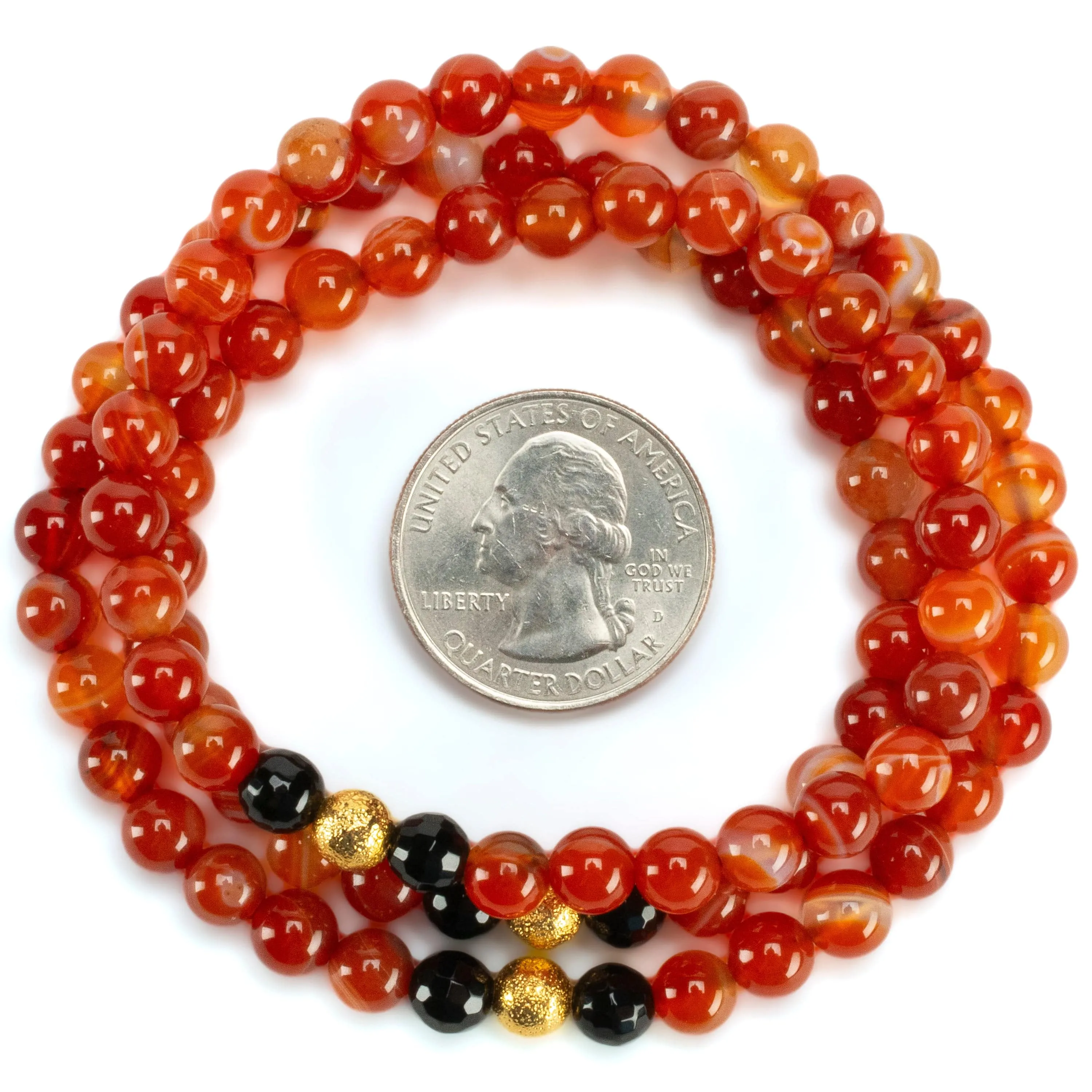 Carnelian 6mm Beads with Black Agate & Gold Accent Beads Triple Wrap Gemstone Elastic Bracelet