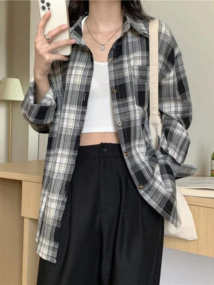 Casual Long Sleeves Autumn Blouse Korean Mid Length Loose Women Winter Plaid Shirt Female Fashion Turn Down Collar Tops