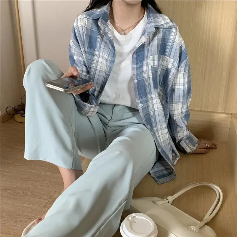 Casual Long Sleeves Autumn Blouse Korean Mid Length Loose Women Winter Plaid Shirt Female Fashion Turn Down Collar Tops