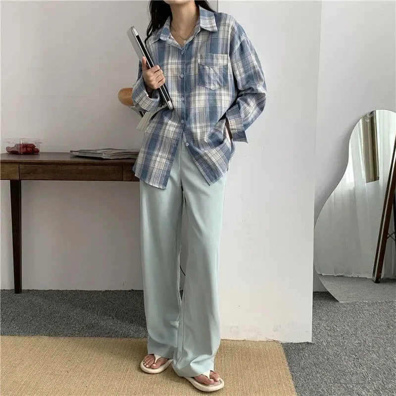 Casual Long Sleeves Autumn Blouse Korean Mid Length Loose Women Winter Plaid Shirt Female Fashion Turn Down Collar Tops