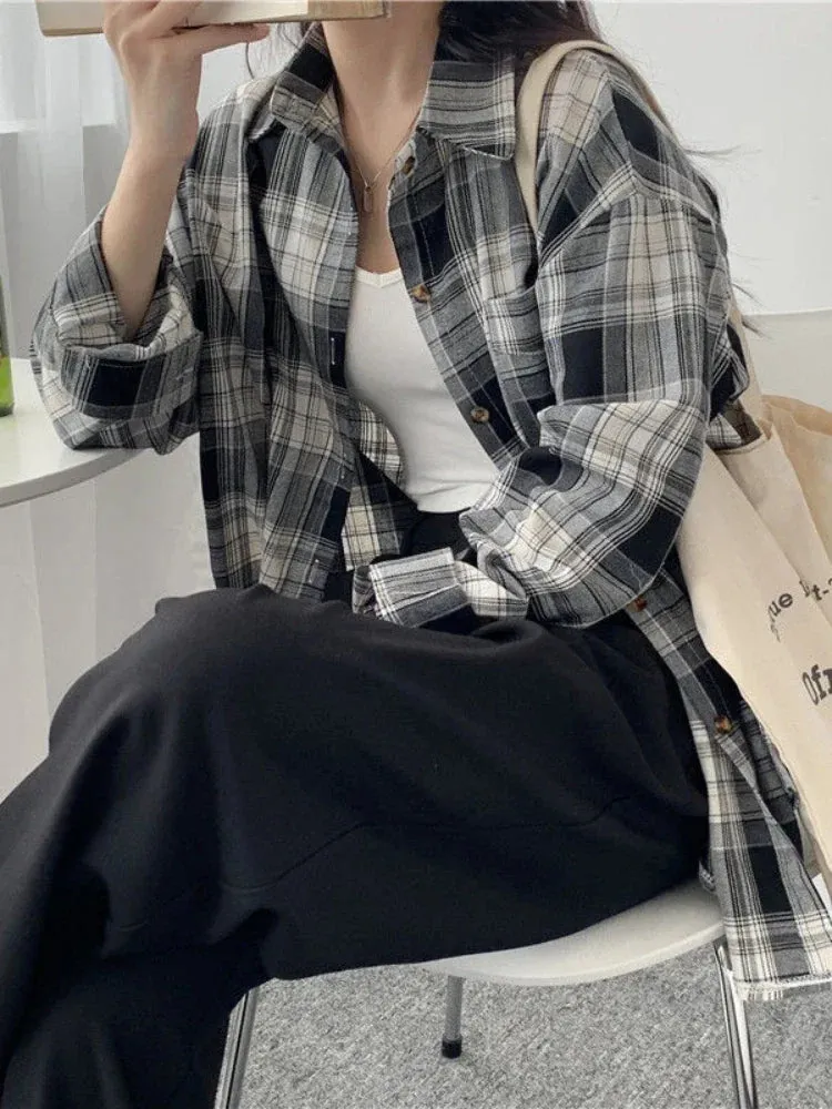 Casual Long Sleeves Autumn Blouse Korean Mid Length Loose Women Winter Plaid Shirt Female Fashion Turn Down Collar Tops