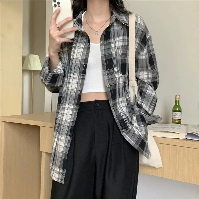 Casual Long Sleeves Autumn Blouse Korean Mid Length Loose Women Winter Plaid Shirt Female Fashion Turn Down Collar Tops