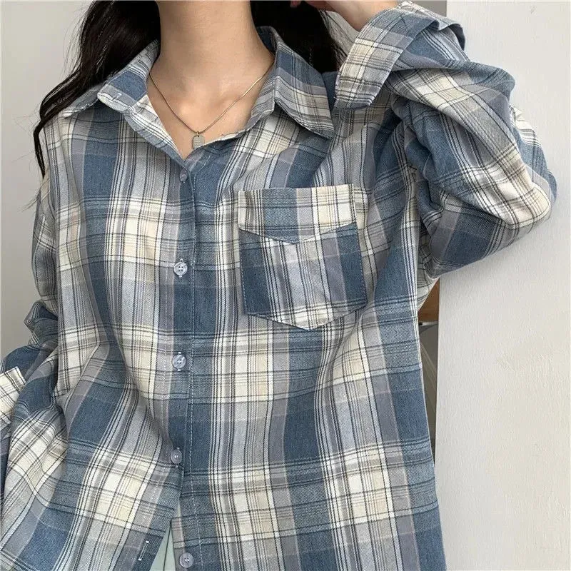 Casual Long Sleeves Autumn Blouse Korean Mid Length Loose Women Winter Plaid Shirt Female Fashion Turn Down Collar Tops