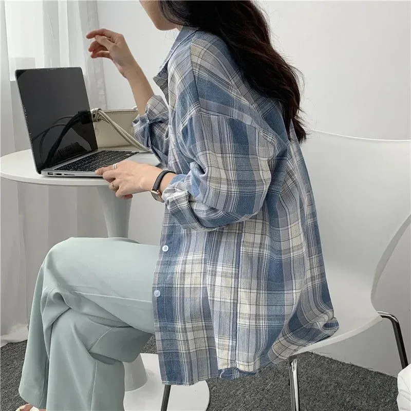 Casual Long Sleeves Autumn Blouse Korean Mid Length Loose Women Winter Plaid Shirt Female Fashion Turn Down Collar Tops