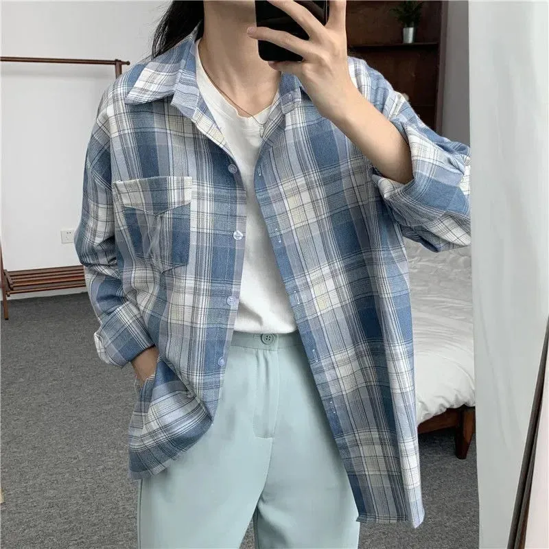 Casual Long Sleeves Autumn Blouse Korean Mid Length Loose Women Winter Plaid Shirt Female Fashion Turn Down Collar Tops