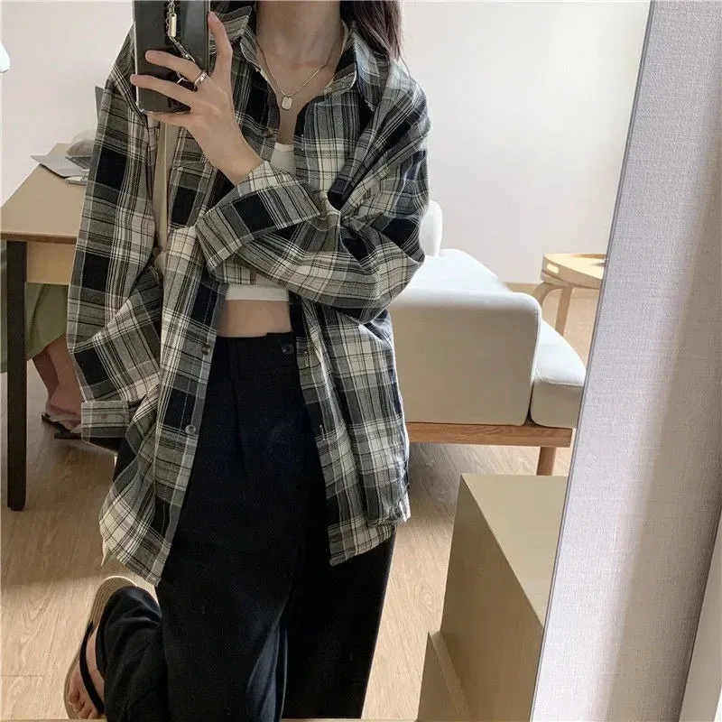 Casual Long Sleeves Autumn Blouse Korean Mid Length Loose Women Winter Plaid Shirt Female Fashion Turn Down Collar Tops