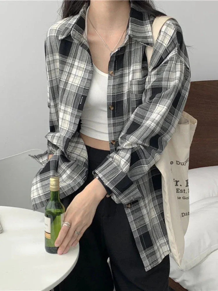 Casual Long Sleeves Autumn Blouse Korean Mid Length Loose Women Winter Plaid Shirt Female Fashion Turn Down Collar Tops