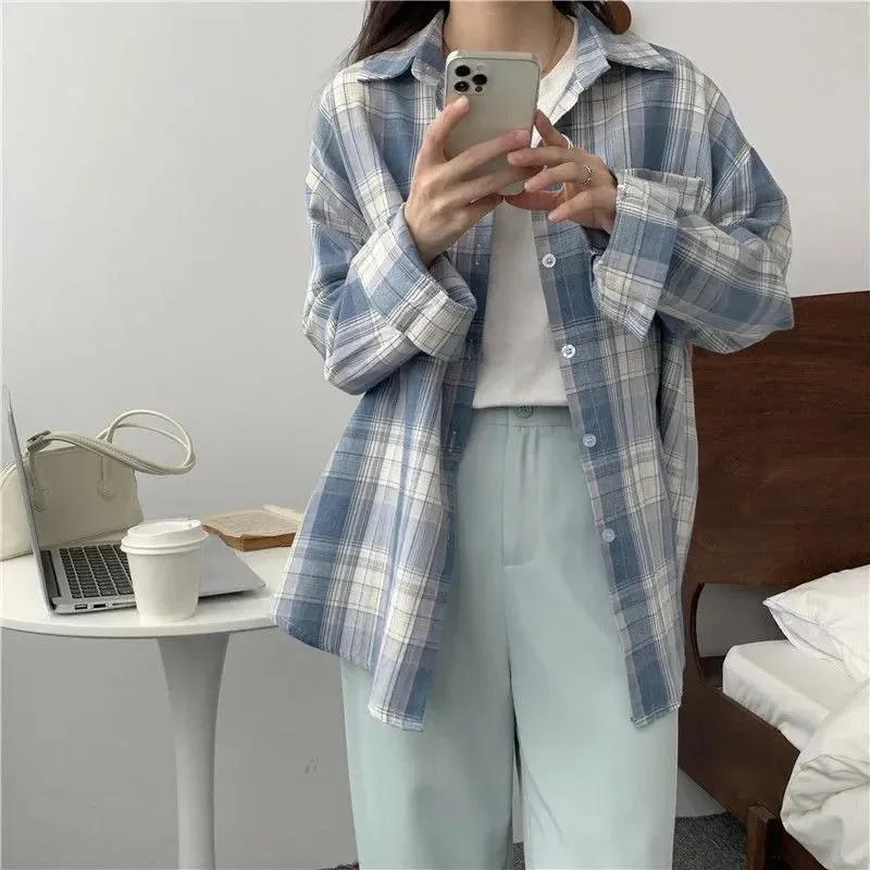 Casual Long Sleeves Autumn Blouse Korean Mid Length Loose Women Winter Plaid Shirt Female Fashion Turn Down Collar Tops