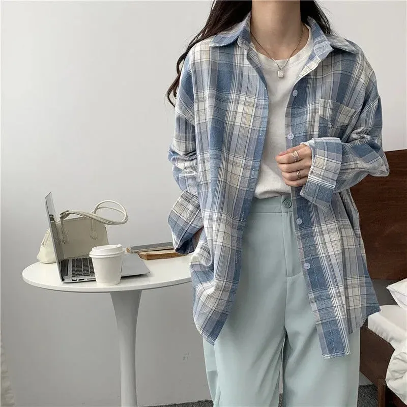 Casual Long Sleeves Autumn Blouse Korean Mid Length Loose Women Winter Plaid Shirt Female Fashion Turn Down Collar Tops