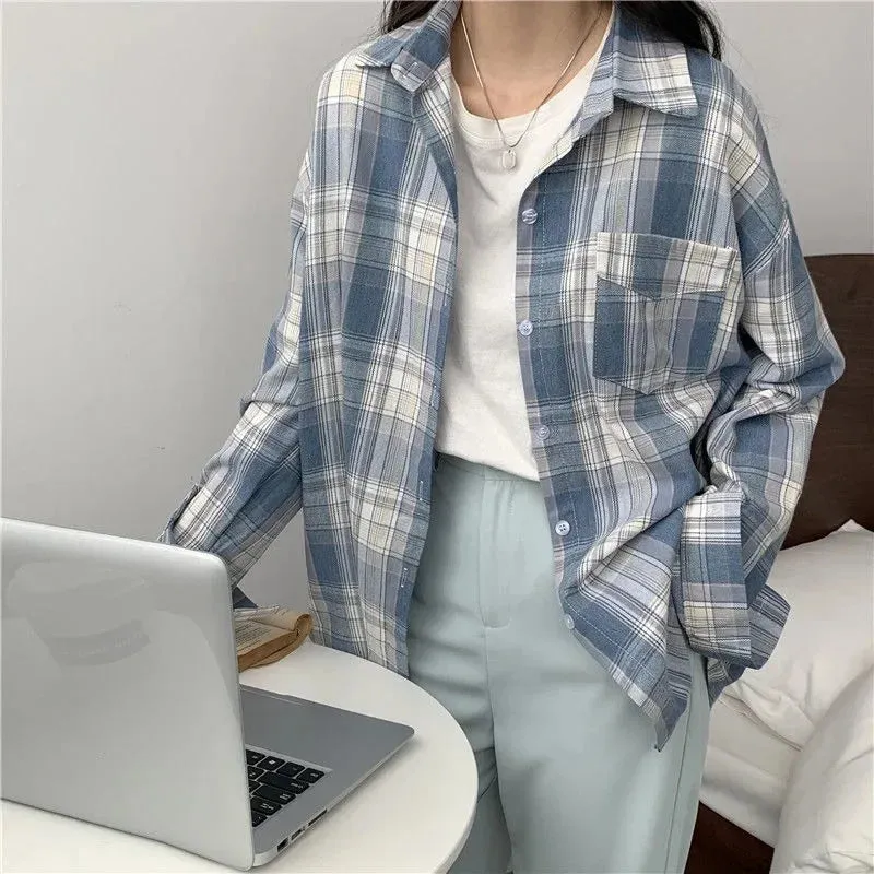 Casual Long Sleeves Autumn Blouse Korean Mid Length Loose Women Winter Plaid Shirt Female Fashion Turn Down Collar Tops