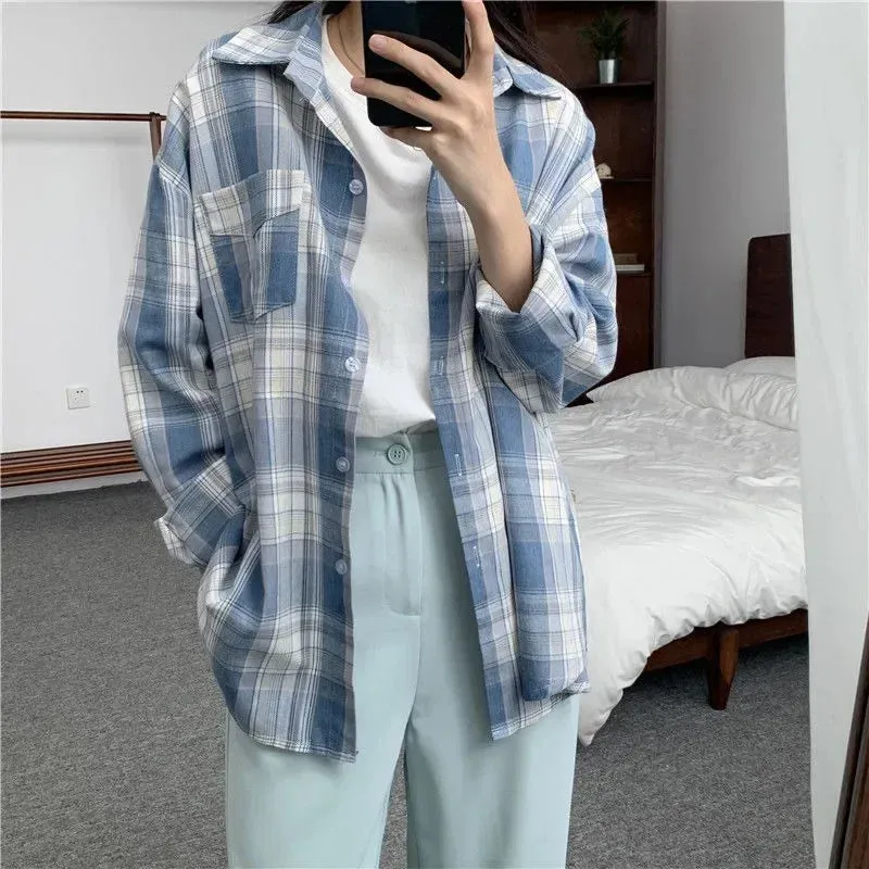 Casual Long Sleeves Autumn Blouse Korean Mid Length Loose Women Winter Plaid Shirt Female Fashion Turn Down Collar Tops