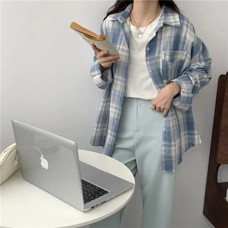 Casual Long Sleeves Autumn Blouse Korean Mid Length Loose Women Winter Plaid Shirt Female Fashion Turn Down Collar Tops