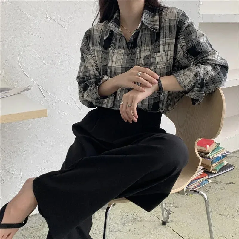 Casual Long Sleeves Autumn Blouse Korean Mid Length Loose Women Winter Plaid Shirt Female Fashion Turn Down Collar Tops