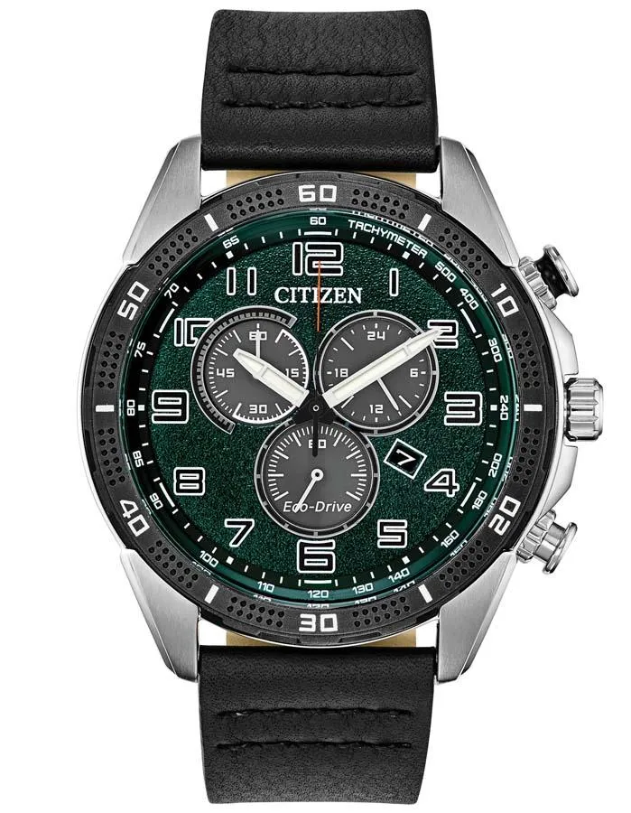 Citizen DRIVE AR Mens Chronograph - Stainless Steel - Green Dial - Black Leather