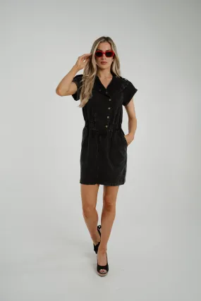 Cora Button Front Denim Dress In Black