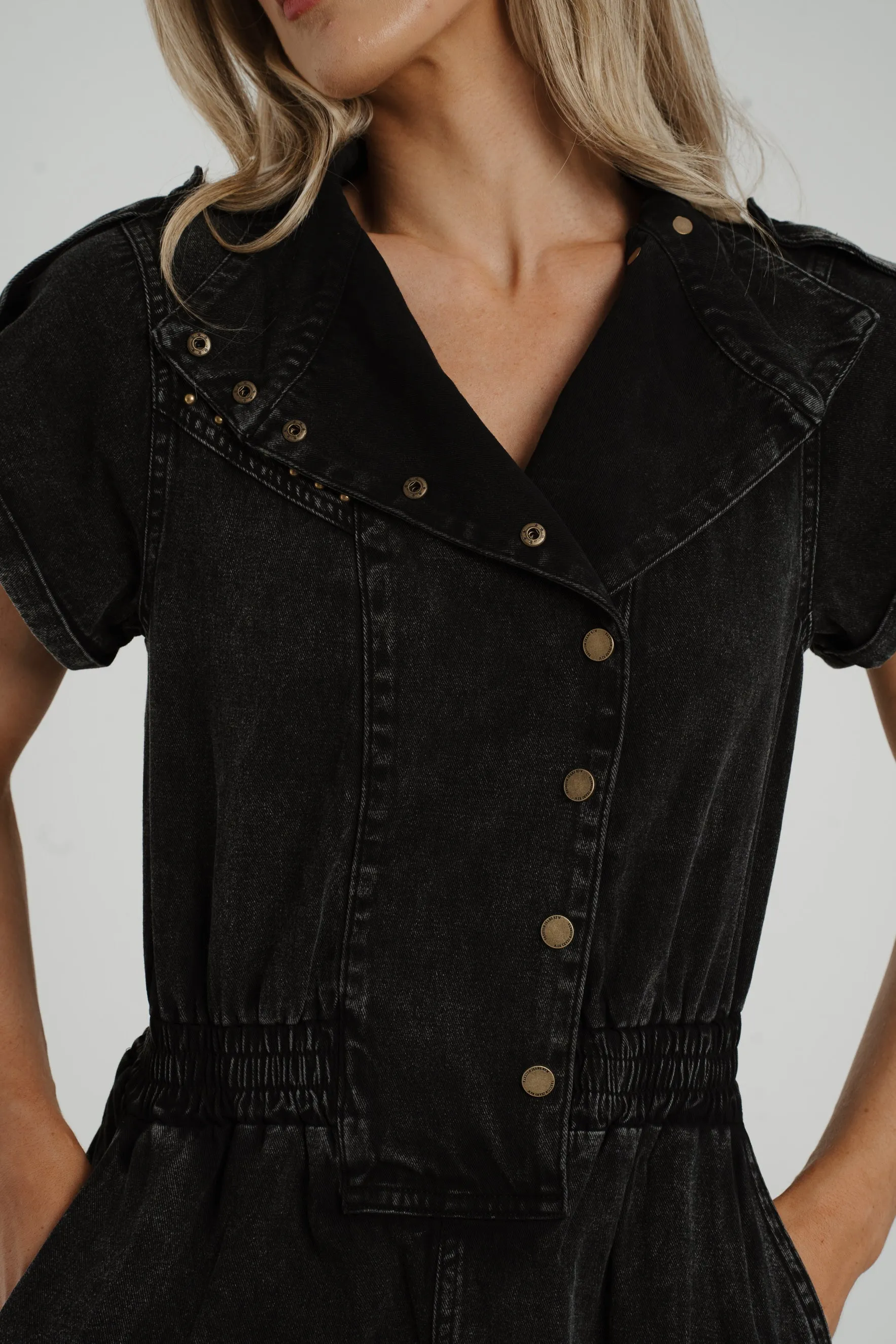 Cora Button Front Denim Dress In Black