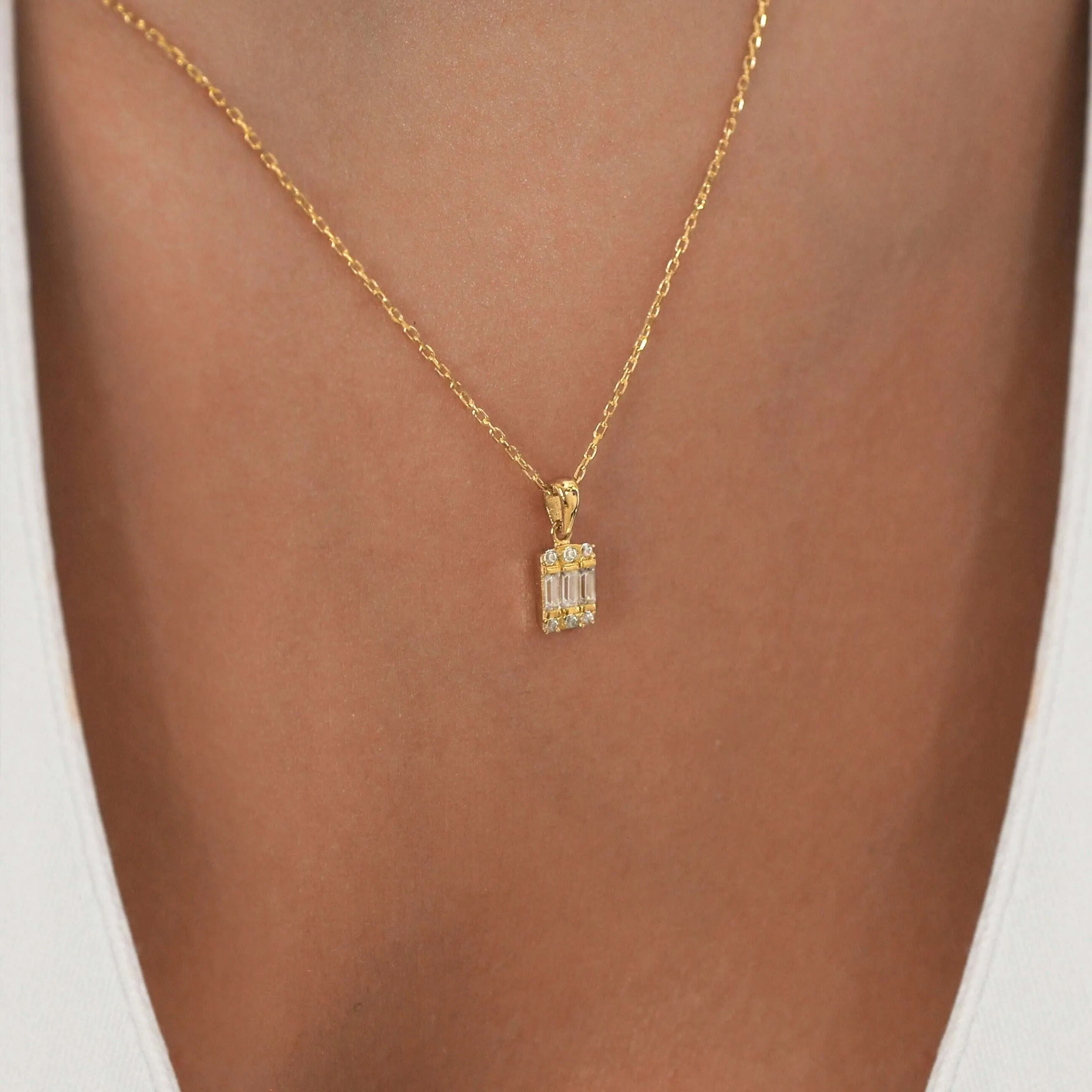 Cubic Zirconia Baguette Cut Necklace | 14K Solid Gold