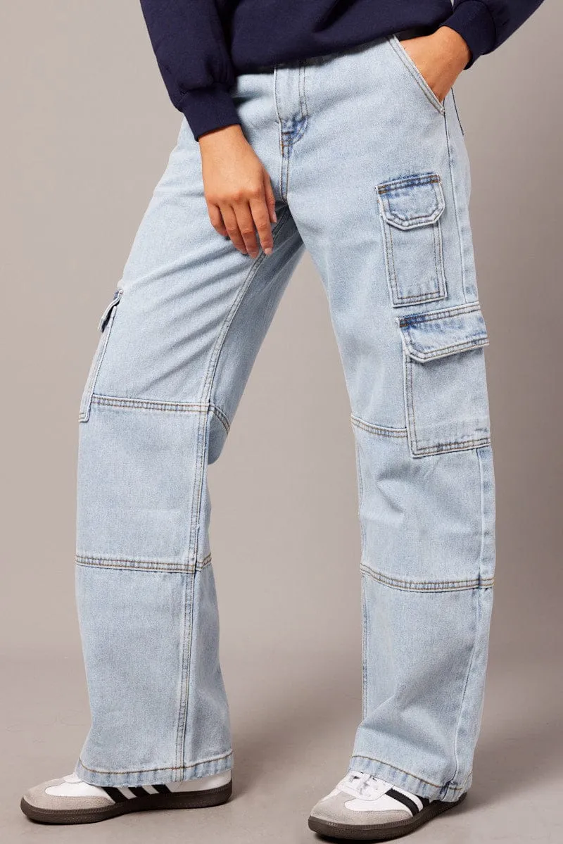 Denim Straight Cargo Jean Mid Rise