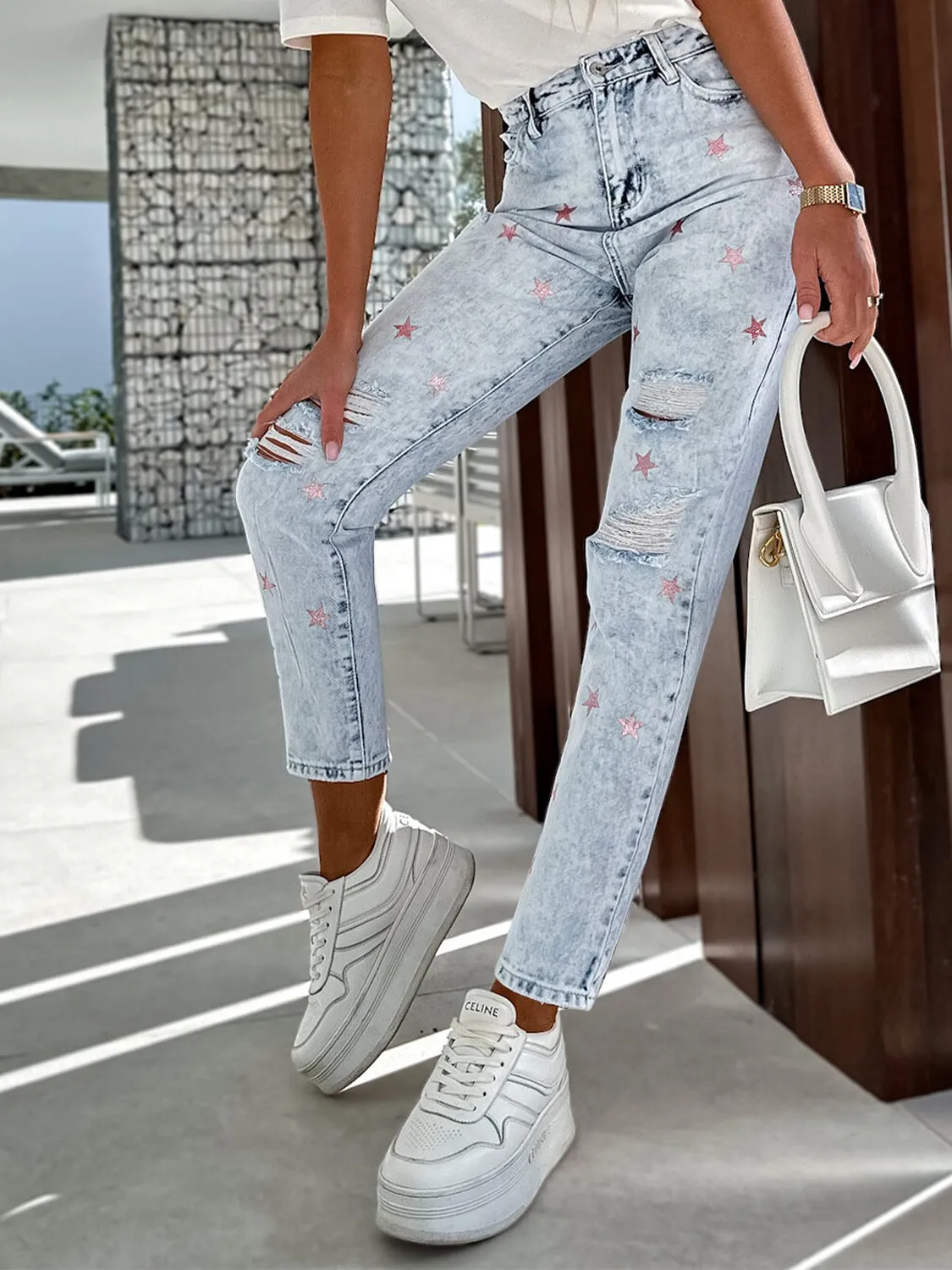 Distressed Star Straight Jeans mit Taschen