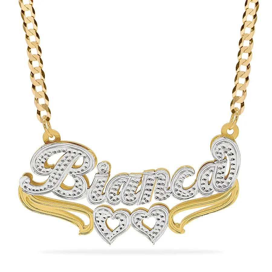 Double Plated Nameplate Necklace Bianca With Cuban Chain