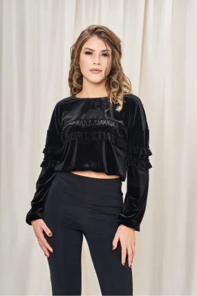 Double Second Black Velvet Frill Crop Top With Embroidery