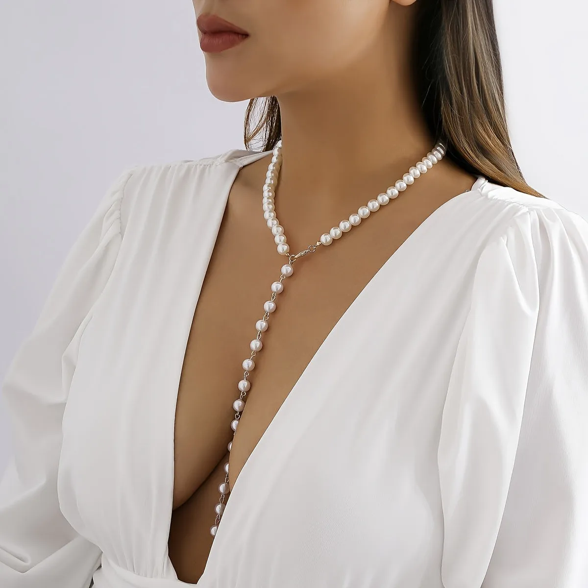 Elevate Your Style with this Simple and Elegant Imitation Pearl Y-Shaped Necklace with Tassel for Women and Girls