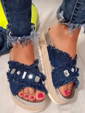 Espadrillas Donna Sandalo Denim Strass Gomma Casual Frange