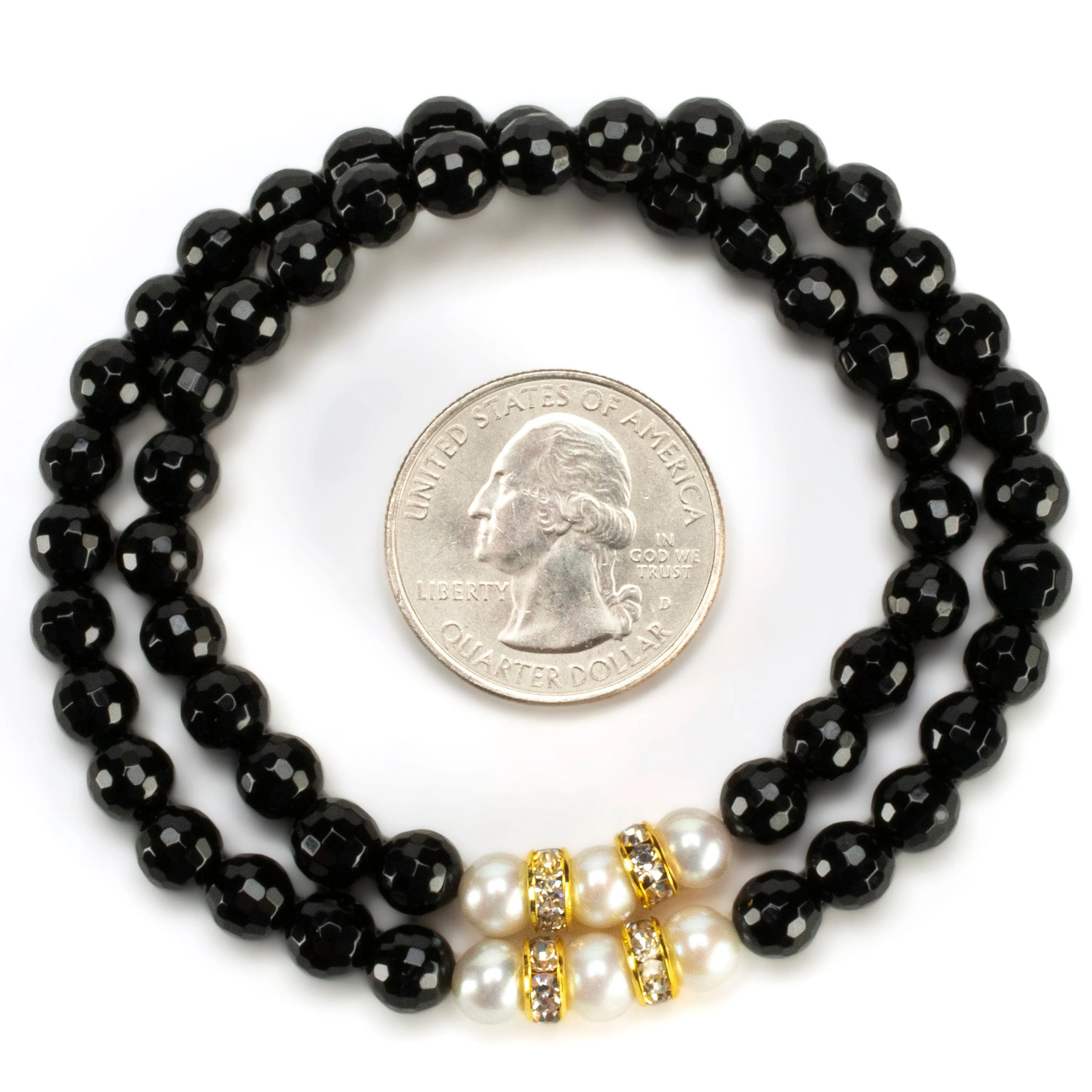 Faceted Black Agate 6mm Beads with Pearl & Gold Accent Beads Double Wrap Elastic Gemstone Bracelet