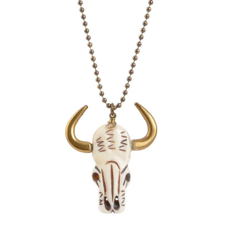 Finished Jewelry-Cow Skull with Brass Horns Pendant-Antique Bronze Ball Chain Necklace-30 Inches