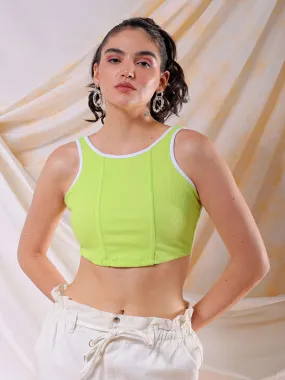 Freehand Women Green/White Fitted Colourblocked Square Neck Crop Top