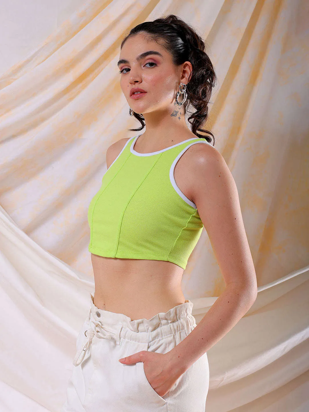 Freehand Women Green/White Fitted Colourblocked Square Neck Crop Top