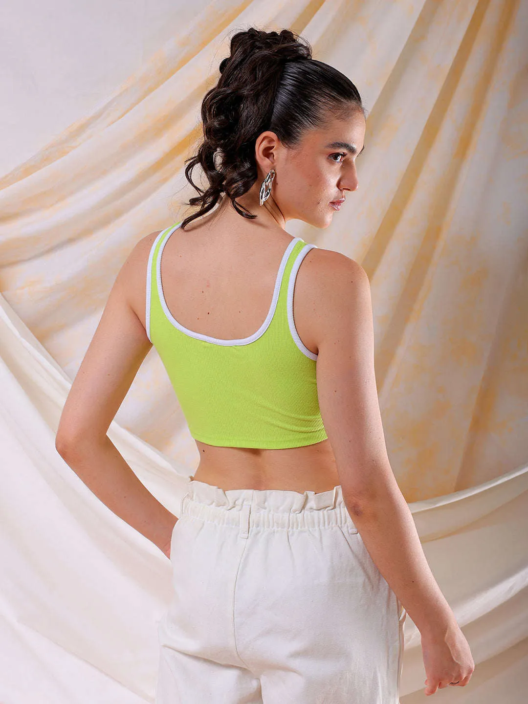 Freehand Women Green/White Fitted Colourblocked Square Neck Crop Top