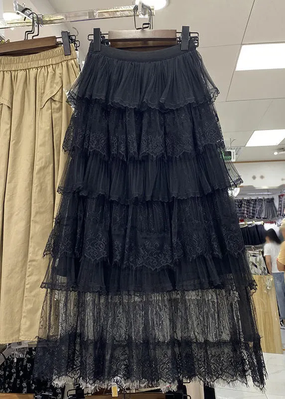 French Black Lace Wrinkled High Waist Tulle Skirt Summer AS1083