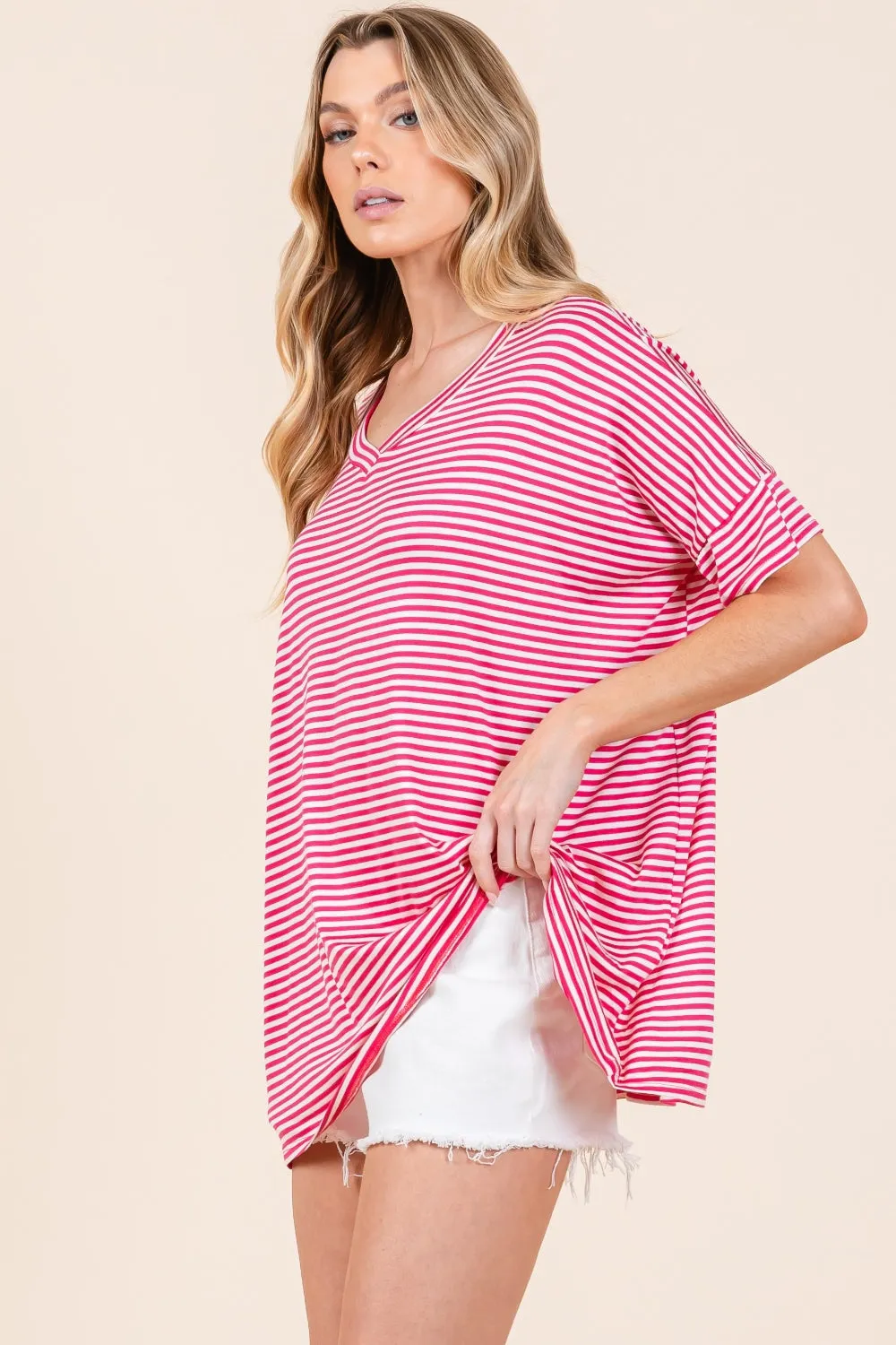 Fuchsia Striped V-Neck T-Shirt