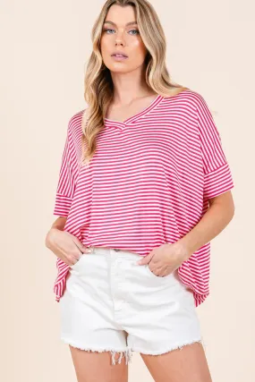 Fuchsia Striped V-Neck T-Shirt