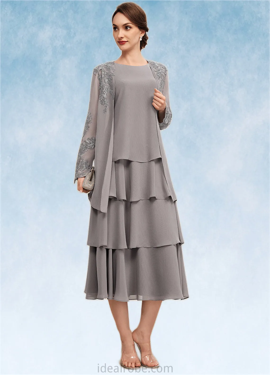 Genesis A-Line Scoop Neck Tea-Length Chiffon Mother of the Bride Dress With Cascading Ruffles STK126P0014603