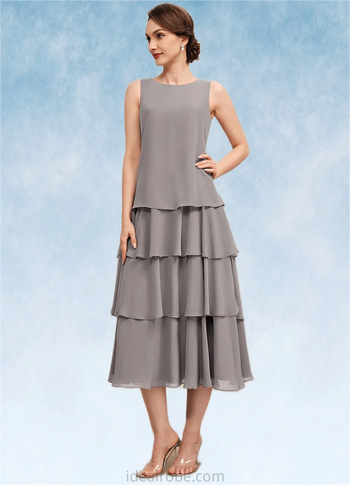 Genesis A-Line Scoop Neck Tea-Length Chiffon Mother of the Bride Dress With Cascading Ruffles STK126P0014603