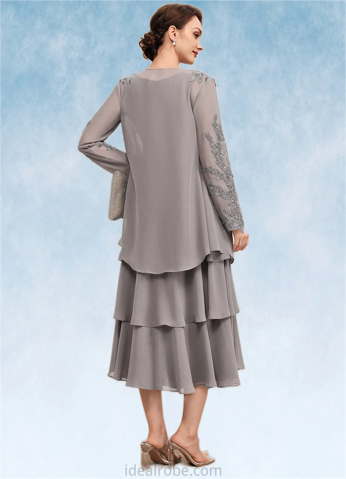 Genesis A-Line Scoop Neck Tea-Length Chiffon Mother of the Bride Dress With Cascading Ruffles STK126P0014603