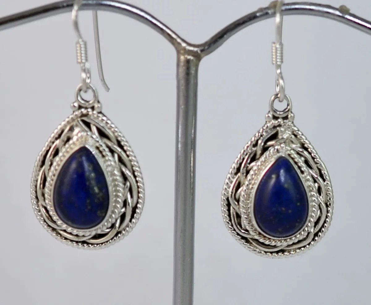 Genuine Lapis Lazuli 925 Solid Sterling Silver Handmade Dangle Earrings