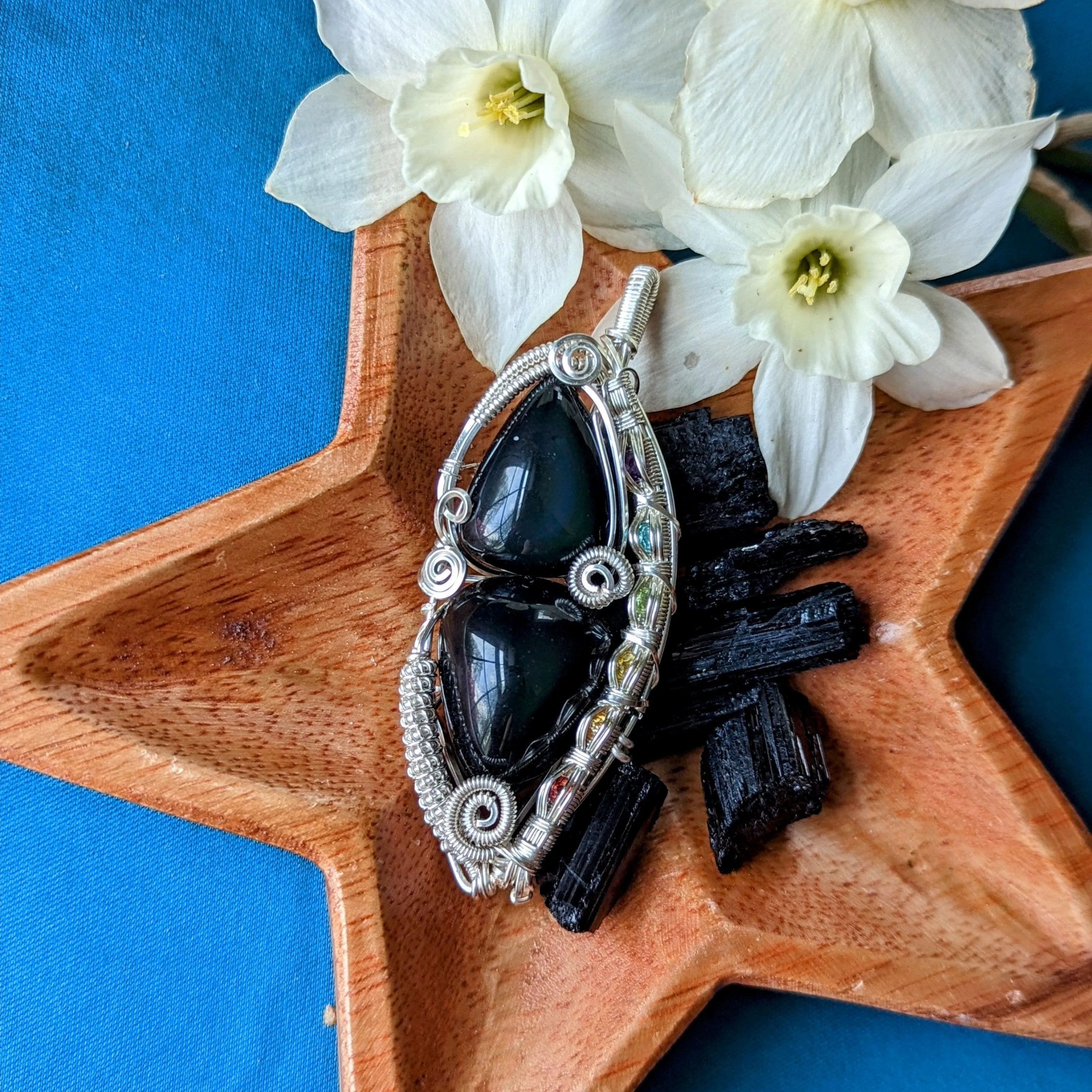 Gorgeous Protective Pendant with Black Obsidian Wire Wrap and Rainbow Channel ~ Includes Silver Chain