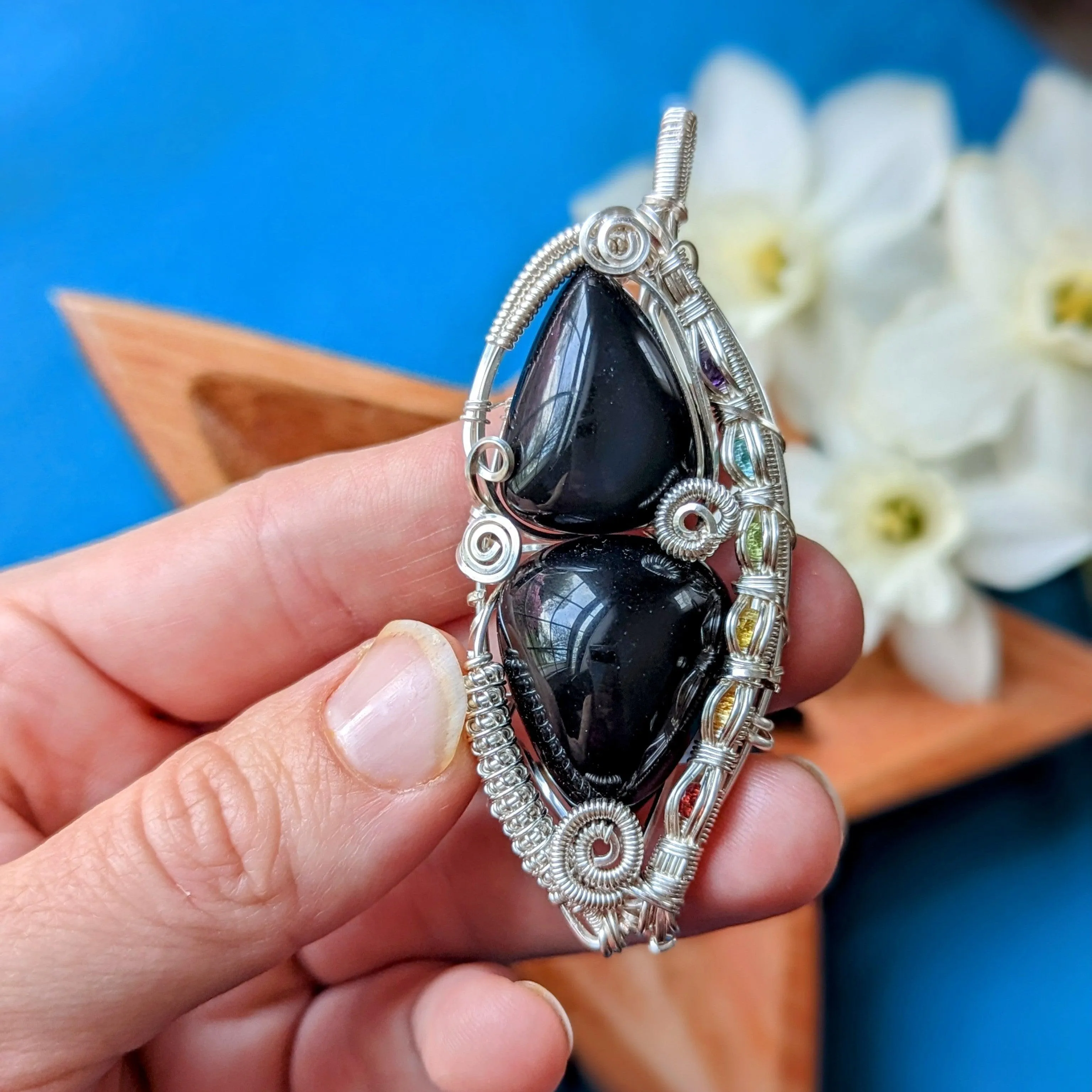 Gorgeous Protective Pendant with Black Obsidian Wire Wrap and Rainbow Channel ~ Includes Silver Chain