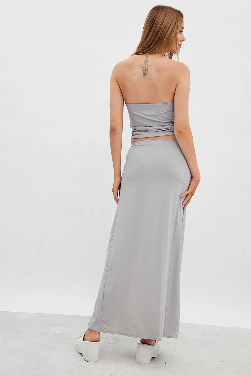 Grey Maxi Skirt Mid Rise Split Nylon