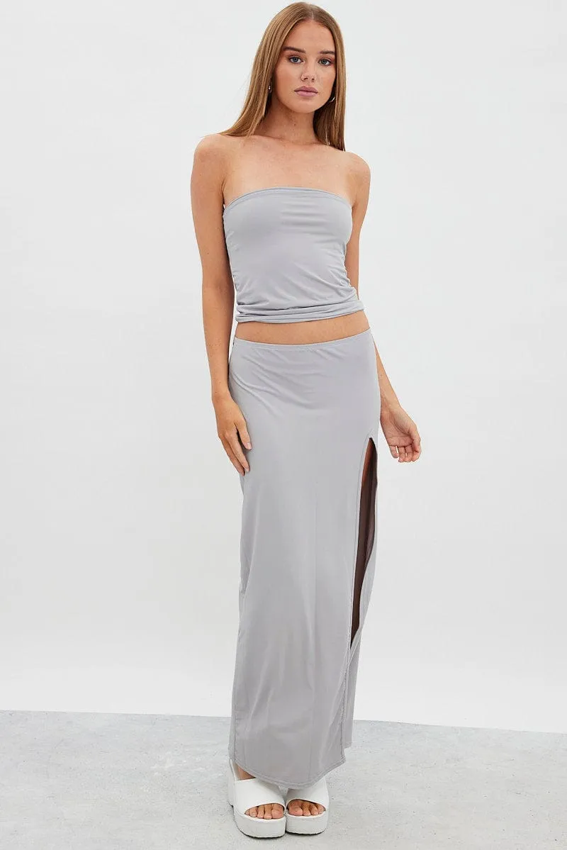 Grey Maxi Skirt Mid Rise Split Nylon