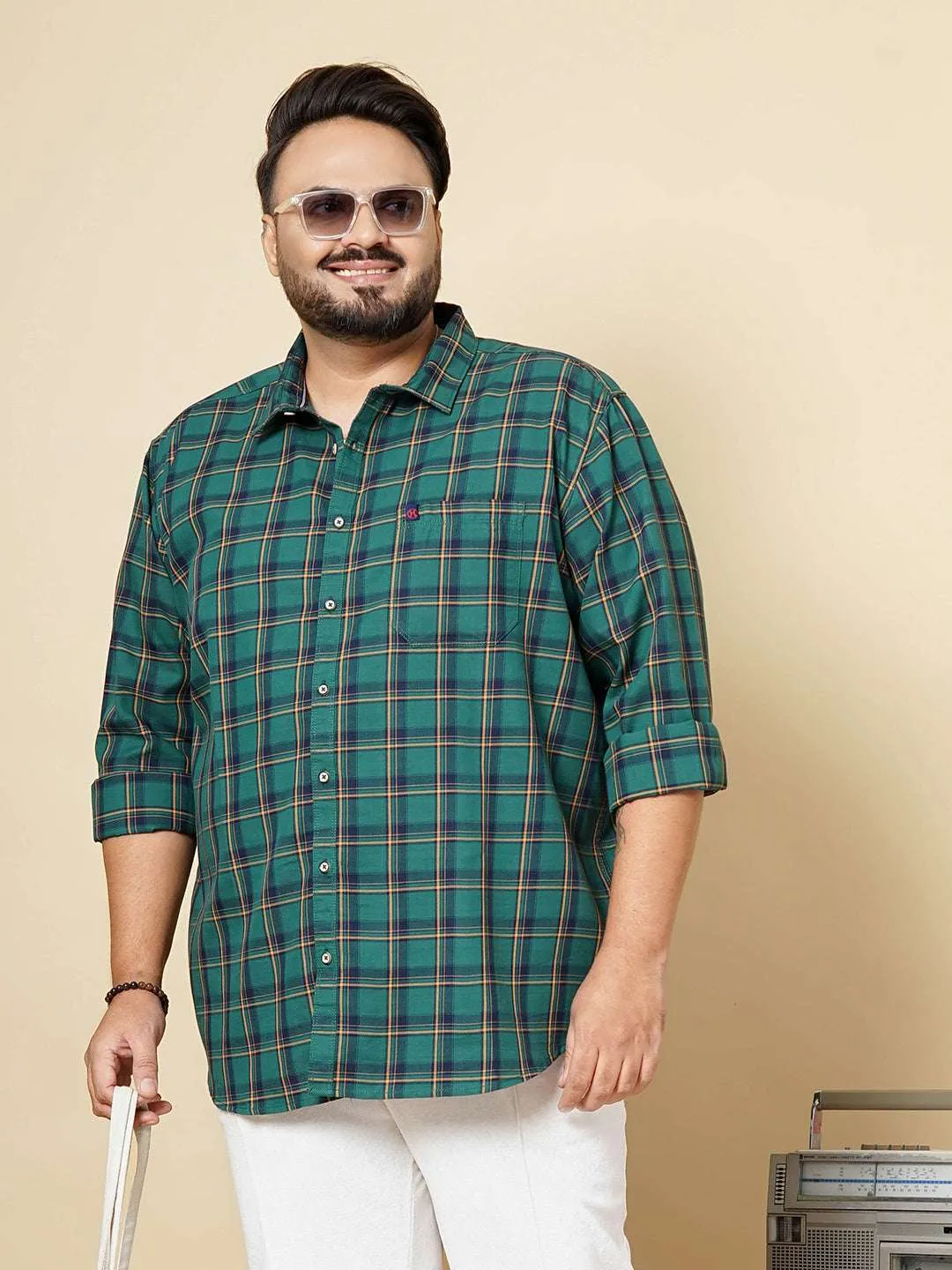 Hardsoda Men Green Plus Size Checked Casual Shirt