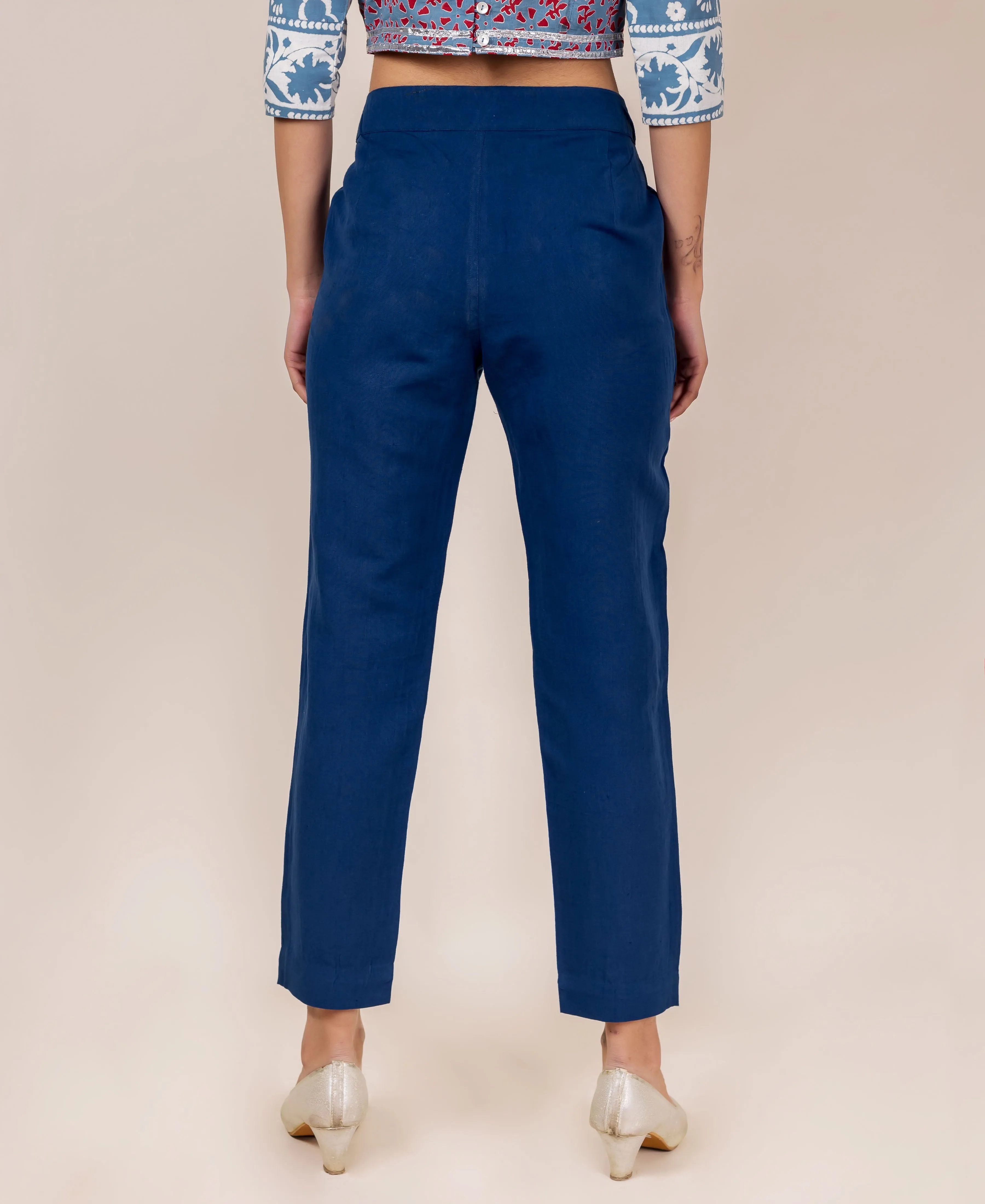 Indigo Linen Solid Narrow Bottom Pants